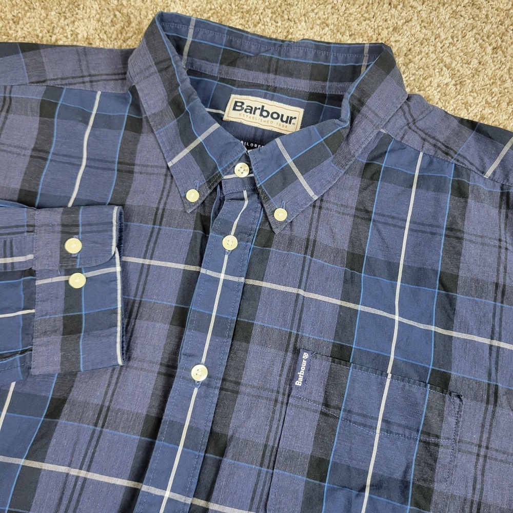 Barbour Tailored Fit Mens XL Blue Plaid Button Down Long Sleeve